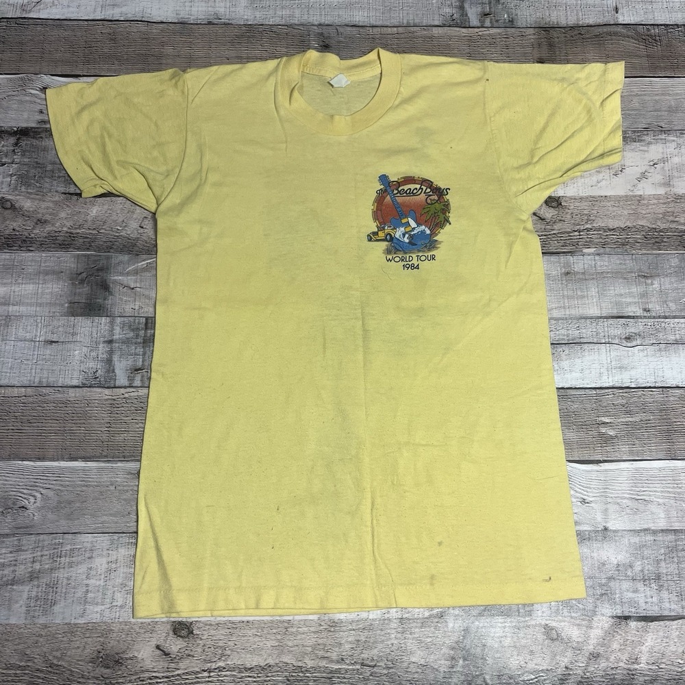 Beach Boys Shirt Size Medium Yellow Vintage 80s 1984 Rock Band Tee Surfer Rock